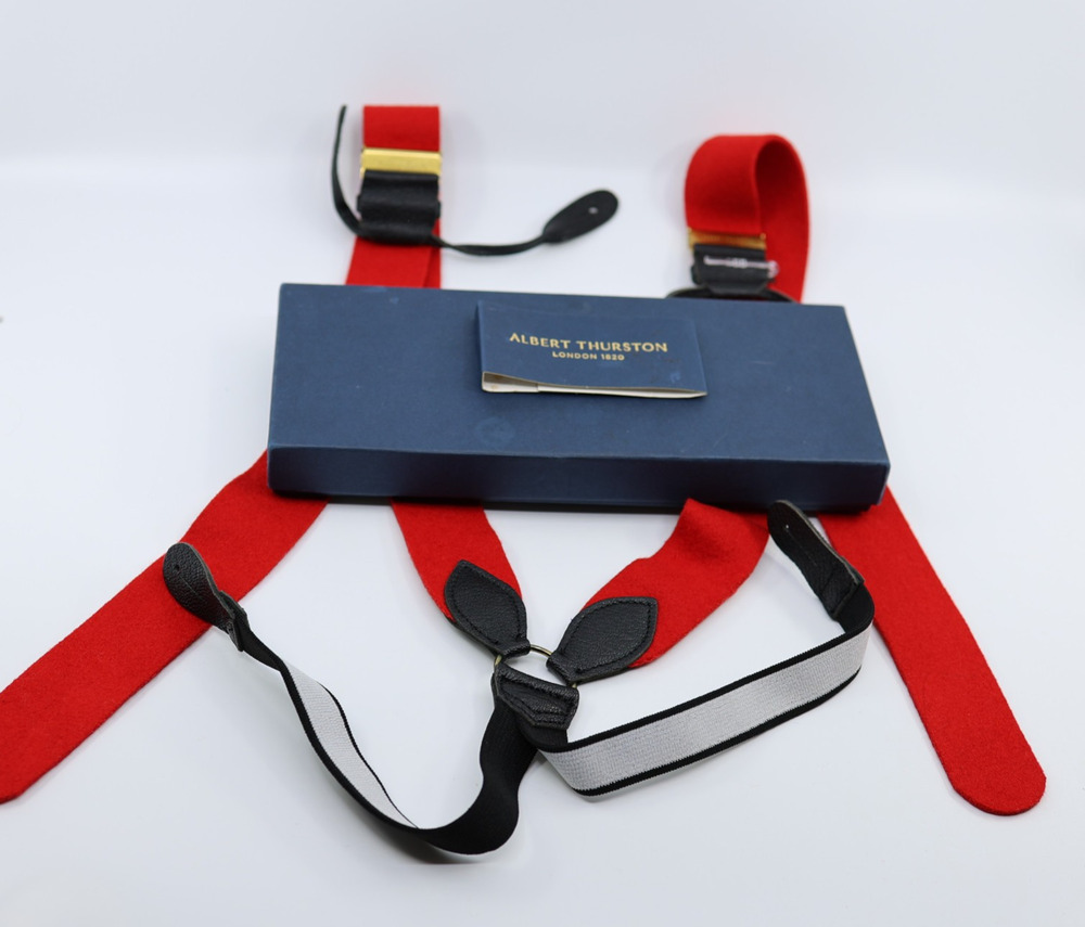 A8 New ALBERT THURSTON Red Wool Leather Trim Adjustable Suspenders Brass